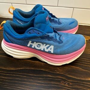 Hoka Bondi 8 Shoes Womens Size 9B Blue Pink Running Athletic Cushioned Sneakers